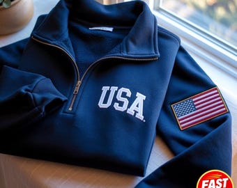 Embroidered USA Quarter Zip Sweatshirt, Retro Flag Pride Apparel