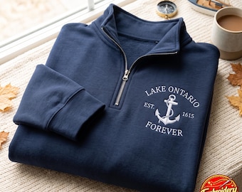 Bluza z haftowanym nadrukiem Lake Ontario Forever z zamkiem ćwierć, koszulka vintage Lake Ontario, koszula Lake Ontario, koszulka Great Lakes Adventure