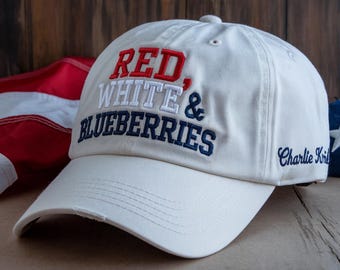 Embroidered 'Red White & Blueberries' Cotton Hat, Memorial Cap