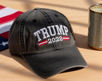 Embroidered Trump 2028 Hat – Embroidered MAGA Cap, MAGA Washed Cap, Republican Gift, Political Support Hat, Support Trump Cap