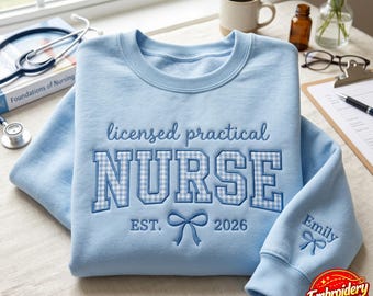 Embroidered Gingham Applique LPN Nurse Sweatshirt, Licensed Practical Nurse T-Shirt, Cute Gift For New Nurse, LPN Graduation, Nurse Outfit