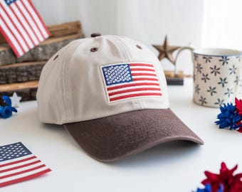 Embroidered American Flag Trucker Cap, Floral Brim, USA Patriotic Hat
