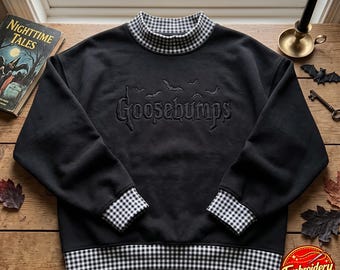 Gotycka bluza z haftowanym wzorem w kratkę gingham na Halloween, najlepszy prezent na Halloween dla dziewcząt, modny prezent na Halloween, damska koszula