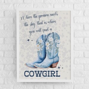 Cowgirl Wall Art,Blue Floral Cowgirl Boot Wall Print, Western Wall Print, College Dorm Printable, Digital Download