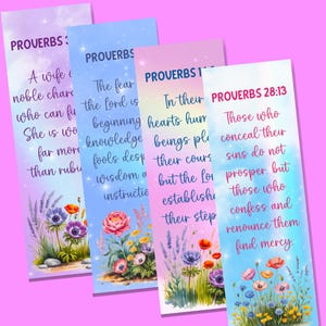 May include: Four colorful bookmarks with floral illustrations and Bible verses from Proverbs. Each bookmark features a different background color, including purple, blue, and pink, with text in elegant script.