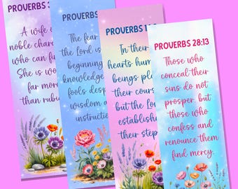 Signets Proverbes imprimables, 20 signets chrétiens, lot de signets Écriture florale, téléchargement de versets de la Bible
