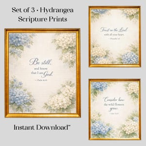 May include: Set of three framed scripture prints featuring hydrangea floral arrangements in blue and white. Each print has gold frames and inspirational quotes. The text "Instant Download" is also visible.