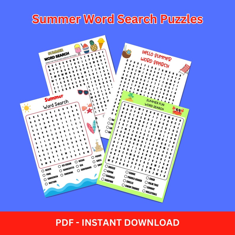 Summer Word Search for Kids 4 Fun Designs Summer Activities Instant Summer Word Search for Kids 4 Fun Designs Summer Activities Instant