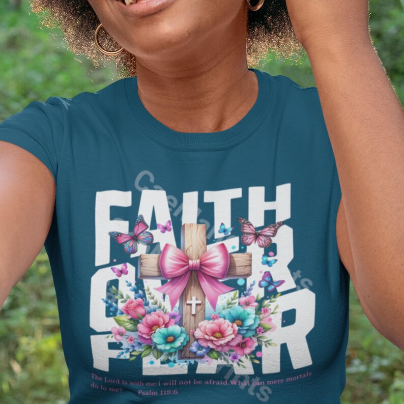 Faith Over Fear PNG, Floral Cross With Pink Bow, Butterflies, and Psalm ...