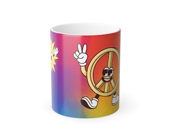 Peaceful Sunrise Color-Morphing Mug: Embrace the Groovy Vibes with Peace Character and Sun