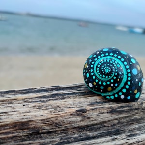 May include: A hand-painted seashell with a black base and a swirling pattern of turquoise and gold dots.