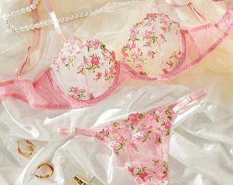 Pink Floral Lingerie Set Sheer