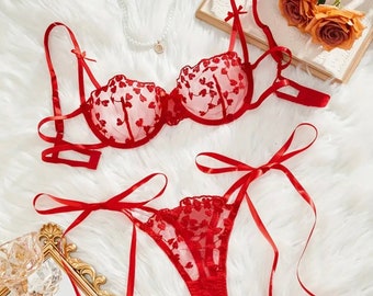 Red Lingerie Set Heart Bow Strap