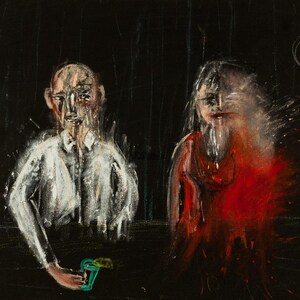 Peut inclure: Une peinture représentant un homme et une femme assis à un bar. L'homme porte une chemise blanche et la femme une robe rouge. Ils tiennent tous les deux des boissons vertes.
