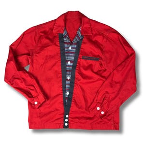 Vintage Men&#39;s 1950s Loop Collar Red Pattern Shirt Jacket Shirt-Jac Mobster Greaser Cardigan Rockabilly Elvis Rat Pack Small Medium