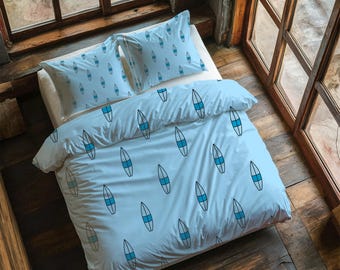 Set copripiumino Surf Bedding — Tavola da surf blu, arredamento per camera da letto in stile costiero, idea regalo