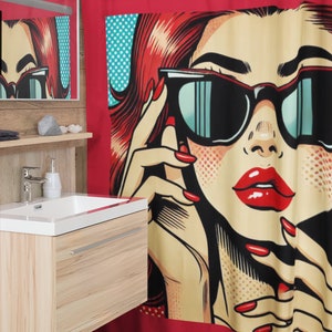 Pop Art Shower Curtain Retro Glam Bathroom Decor Vintage Aesthetic Bath Curtain Bold Stylish Home Accent Colorful Funky Wall Art