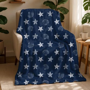 Starfish Seashell Throw Blanket — Navy Coastal Velveteen, Nautical Beach House Decor