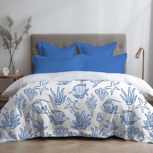 Coastal Duvet Cover Blue and White Ocean Bedding Coral and Starfish Comforter Cover Nautical Bedspread Beach House Bedroom Decor