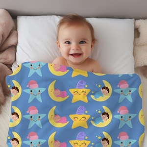 Moon and Star Baby Blanket Blue Nursery Decor Fleece Baby Blanket for Newborn Gift Cozy Baby Bedding