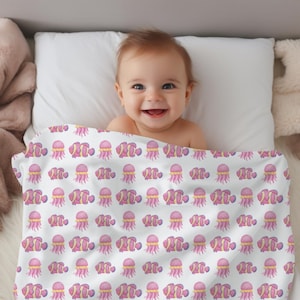 Coastal Baby Blanket Ocean Baby Blanket Soft Fleece Newborn Blanket with Clownfish and Jellyfish Nautical Nursery Bedding Baby Shower Gift