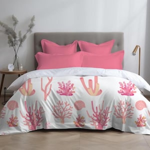 Pink Coral Duvet Cover Coastal Bedding Ocean-Inspired Comforter Cover Sea Life Bedroom Decor Beach House Soft Microfiber Nautical Theme