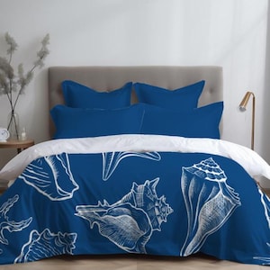 Coastal Seashell Duvet Cover Nautical Beach Themed Bedding Ocean Starfish Comforter Cover Blue Seashell Bedroom Decor