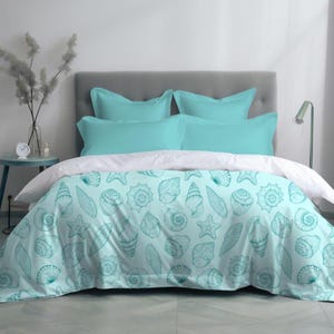 Coastal Duvet Cover Seashell Print Beach House Bedding Ocean Theme Comforter Cover Nautical Bedroom Decor