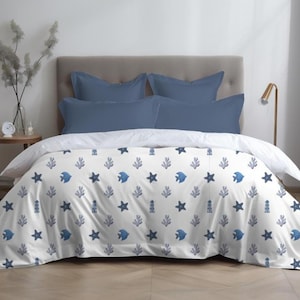 Coastal Duvet Cover Nautical Bedding Lighthouse Starfish Coral Ocean Theme Beach House Decor Blue and White Microfiber Comforter Cover