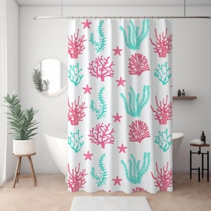 Coastal Coral Reef Shower Curtain Beach Theme Bathroom Decor Nautical Ocean Shower Curtain Pink and Teal Coral Shower Curtain Tropical Decor