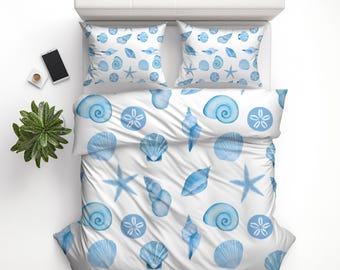 Dekbedset kust zeeschelp — Blauw aquarel strandbeddengoed, cadeau slaapkamer decor oceaan