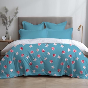 Coastal Duvet Cover Starfish and Seashell Bedding Ocean Theme Comforter Cover Beach House Bedroom Decor Nautical Bedspread