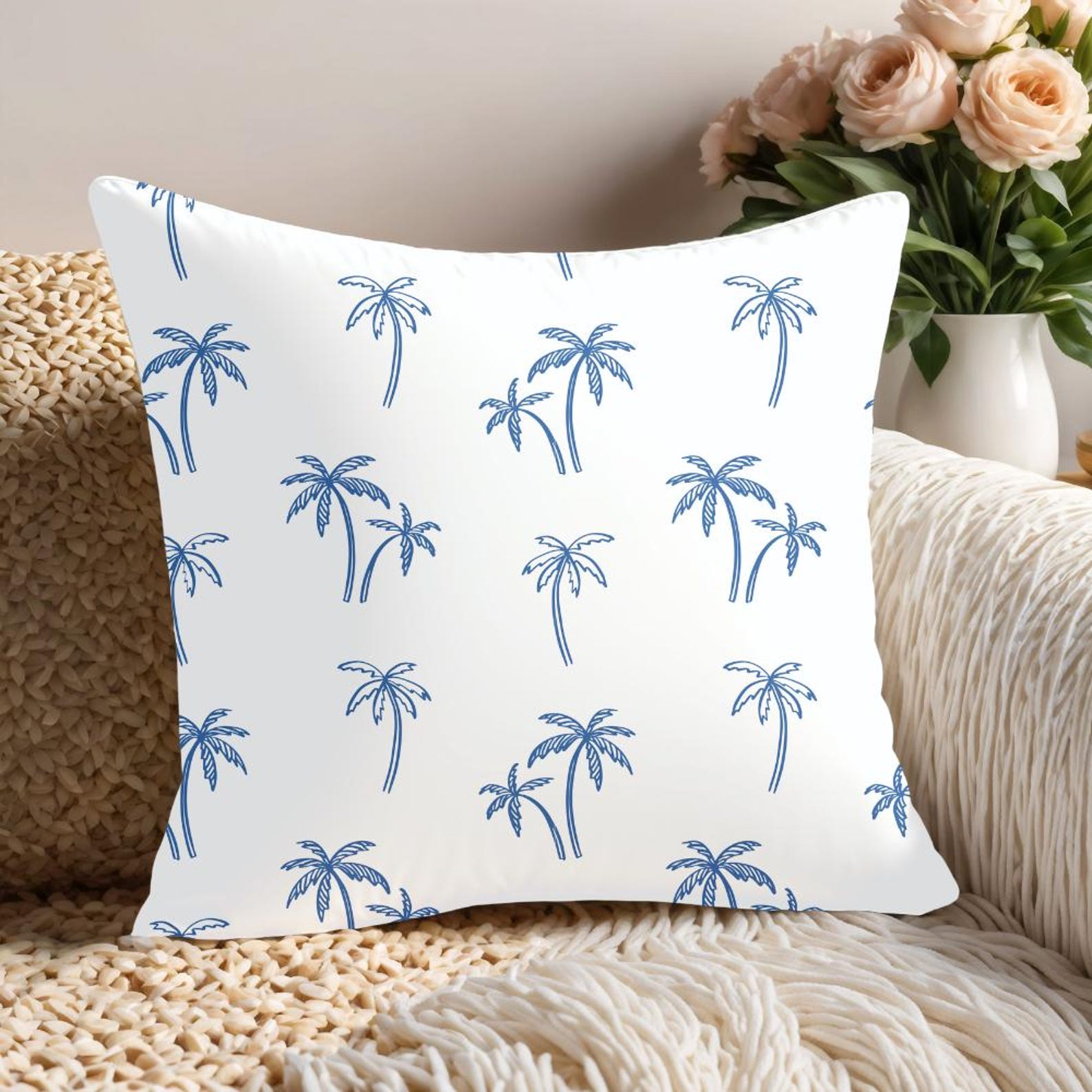 Blue Palm Tree Throw Pillow — coastal beach house decor