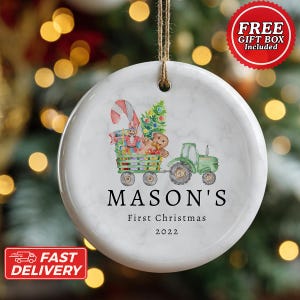 Personalized First Christmas Ornament, Baby&#39;s First Christmas Gift, Custom Baby Name Ornament, New Baby Christmas Decor, Tractor Christmas