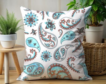 Paisley Throw Pillow Boho Accent Turquoise and Brown Pattern Modern Home Decor