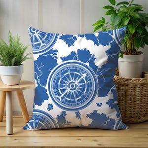 Compass Throw Pillow Coastal Nautical Pillow Blue Compass Cushion Decorative Accent Pillow Gift for Ocean Lovers and Home Decor