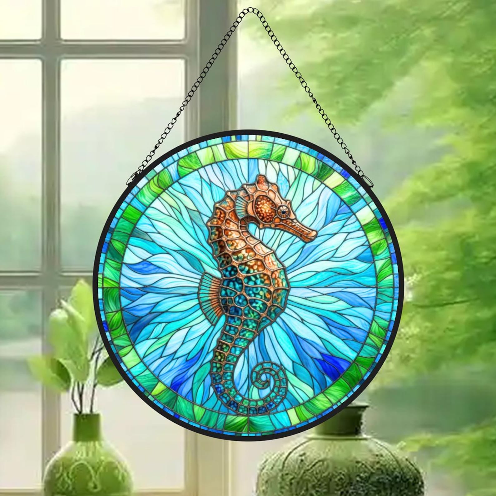 Seahorse Suncatcher stained glass style ocean window hanging