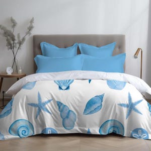 Coastal Seashell Duvet Cover Ocean-Themed Bedding Nautical Decor Starfish Comforter Cover Beach House Bedroom Decor Blue Shell Duvet