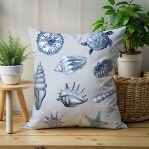 Nautical Shell Pillow Coastal Decor Blue Sea Life Throw Pillow Beach House Accent