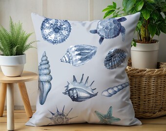 Nautical Shell Pillow Coastal Decor Blue Sea Life Throw Pillow Beach House Accent