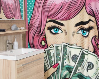 Pop Art Shower Curtain: Retro Comic, Pink Hair Girl, Funky Decor