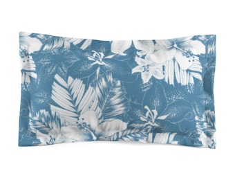 Blue Tropical Hibiscus Pillow Sham | Floral Leaves Beach Print