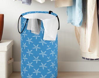 Starfish Laundry Hamper Coastal Clothes Basket for Beach House Nautical Room Decor Blue Ocean Laundry Bin for Kids Dorm or Bathroom