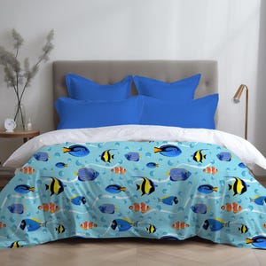 Tropical Fish Duvet Cover Ocean Theme Coastal Bedding Blue Underwater Fish Print Duvet for Kids Beach House Decor