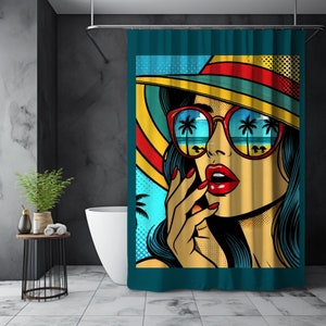 Pop Art Shower Curtain of Strong Woman Shady Lady - Retro Style, Durable Polyester