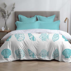 Seashell Duvet Cover Nautical Bedding Turquoise and White Duvet Beach Theme Bedroom Decor Ocean Lovers Gift for Beach House Bedroom