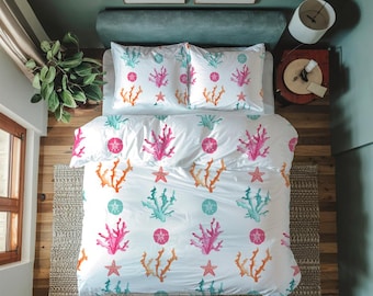 Coral Reef Duvet Cover Set: Coastal Ocean Bedding, Watercolor Design