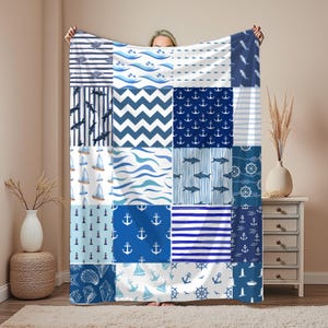 Nautical Patchwork Blanket, Coastal Throw, Navy Blue Beach House Decor, Ocean Lover Gift