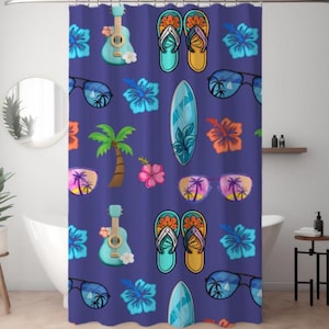 Hawaiian Shower Curtain Tropical Beach Bathroom Decor Luau Theme Surfboard Palm Tree Floral Print Coastal Shower Curtain