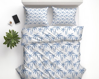 Blue Palm Tree Duvet Cover Set — Coastal Beach House Bedding, Tropical Bedroom Decor